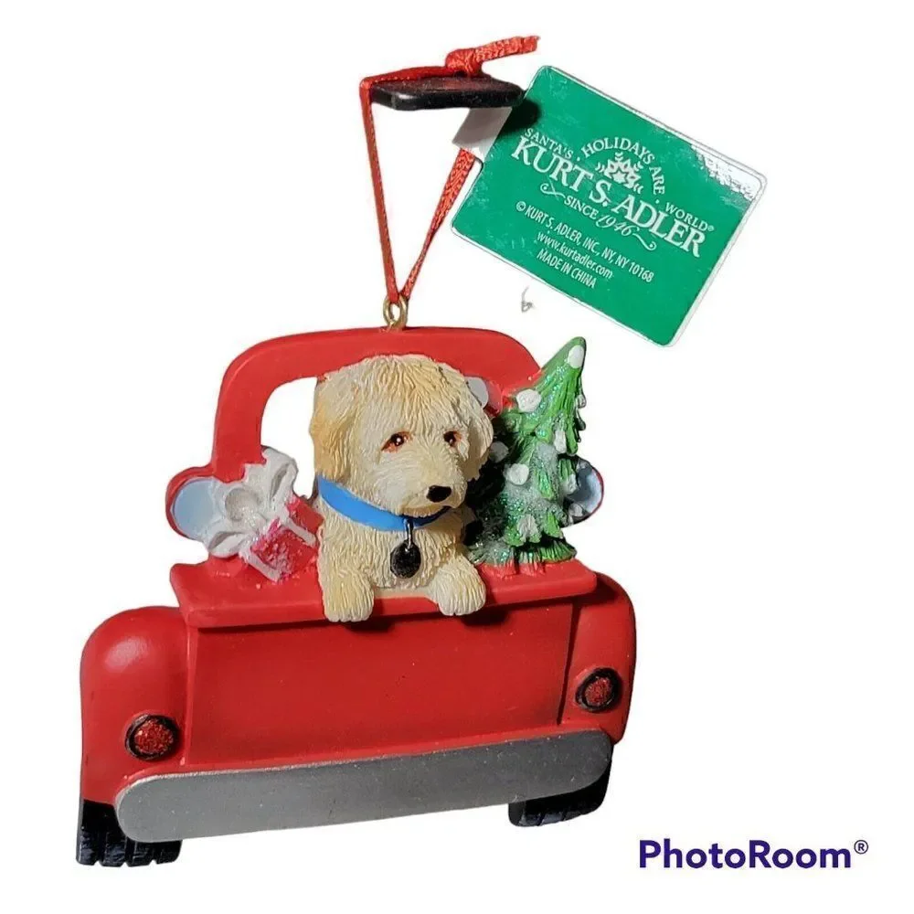 Kurt Adler Labradoodle Dog Christmas Ornament Red Truck Room to Personalize‎